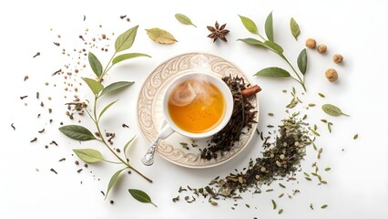 Aromatic Herbal Tea with Fresh Leaves and Spices on White Background