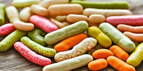 Colorful Assorted Candy Coated Tablets on Wood Background Delicious Sweet Treats