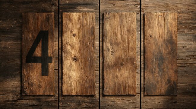 Dark brown rustic wooden planks arranged vertically, with a large black stencilled number four on the leftmost plank