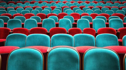 Rows of teal and crimson theater seats.