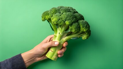 Hand Holding Fresh Green Broccoli Against Vibrant Green Background