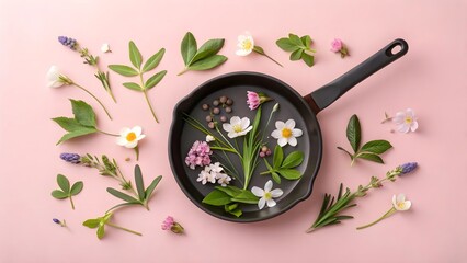 Beautiful Edible Flowers and Herbs Arrangement on Pink Background