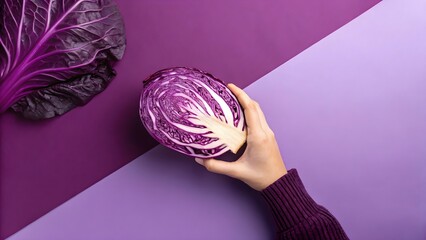 Hands Holding Cut Red Cabbage on Purple Background in a Stylish Setup