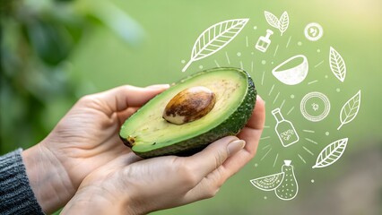 Fresh Avocado in Hand with Botanical Illustrations and Elements
