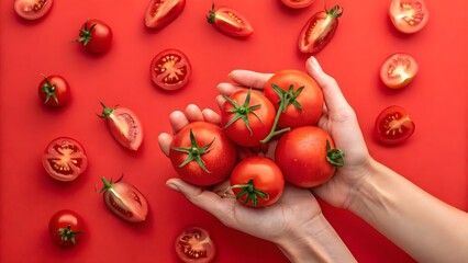Fresh Red Tomatoes in Hands on Bright Red Background