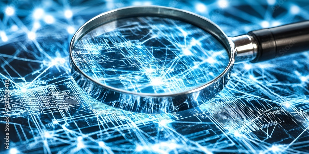 Aufkleber magnifying glass over complex circuit board network data analysis technology