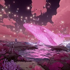 Pink Pixel Whale Under Glowing Pink Sky