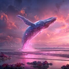 Glowing Whale Leaping At Pink Sunset
