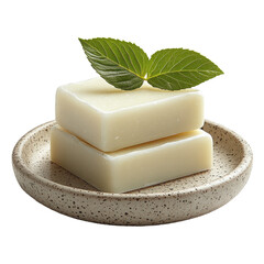 Two soaps stacked with leaves sitting atop ceramic plate on transparent background