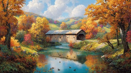 Autumnal Country Bridge With Colorful Foliage