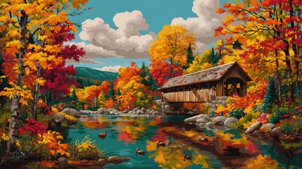 Autumnal Landscape With Wooden Bridge And Colorful Trees