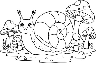 A whimsical coloring page featuring an adorable, happy snail on a journey through a magical forest, surrounded by a family of cute, smiling mushroom friends as gentle autumn leaves fall from above.