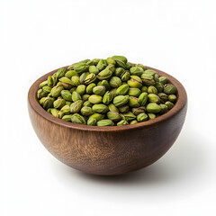 A wooden bowl filled with green pistachios, isolated on a clean white background