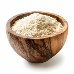 A wooden bowl filled with dry white basmati rice, isolated on a clean white background