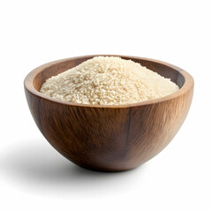 A wooden bowl filled with dry white basmati rice, isolated on a clean white background