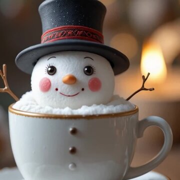 Simple Christmas background with marshmallow snowman in a white cup.
