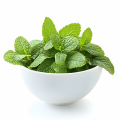 A white bowl filled with fresh mint leaves, isolated on a clean white background