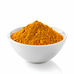 A white bowl filled with vibrant turmeric powder, isolated on a clean white background