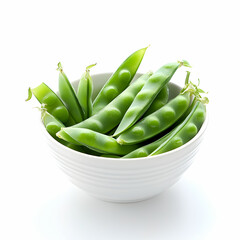 A white bowl filled with fresh green peas, neatly arranged, isolated on a clean white background