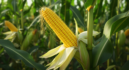 Fresh Yellow Corn on Green Corn Plant in Mature Cornfield