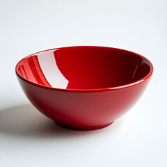 A vibrant red bowl with a glossy finish sits empty, perfectly centered on a clean white background