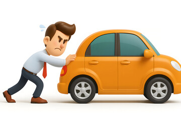 3D Cartoon Caricature of Man Pushing Broken Car – Funny Automotive Scene
