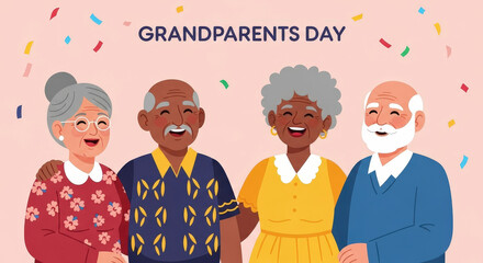Pixelated Group Portrait Of Four Smiling Grandparents Celebrating Grandparents Day With Festive Confetti Pink Background