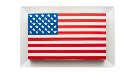 Vibrant American flag cake on a white plate, a festive dessert for 4th of July, Memorial Day, Veterans Day, or national celebrations. Excellent for party decor, holiday menus,