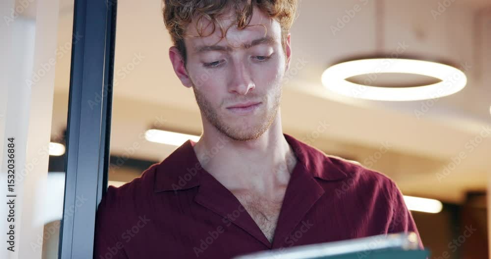Poster creative man, tablet and reading feedback in office with scroll, contact or check notification for n