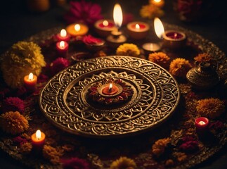 Illuminated Candles with Flowers on Decorative Tray for Celebratory Occasion