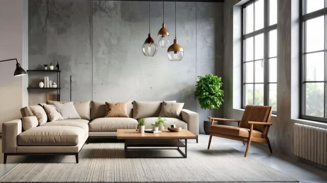 Living room with sectional sofa, wooden armchair, indoor plants, pendant lamps, gray wall interior, home decor, architectural design
