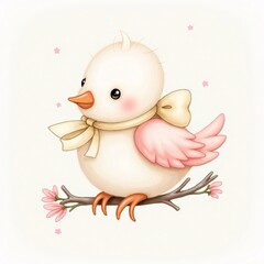 bird with pink wings, a yellow bow around its neck, and a cheerful expression, perched on a blossoming branch.  
