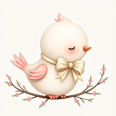bird with pink wings, a yellow bow around its neck, and a cheerful expression, perched on a blossoming branch.  
