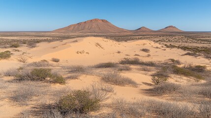 Sandy hills and desert landscape under a clear sky.