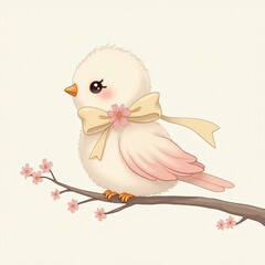 bird with pink wings, a yellow bow around its neck, and a cheerful expression, perched on a blossoming branch.  
