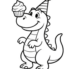 Fototapeta premium Cute Cartoon Dinosaur Wearing a Party Hat with a Cupcake on its Nose Coloring Page