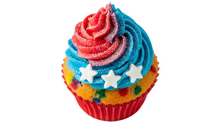 Patriotic cupcake with vibrant red and blue frosting, glitter, and white stars, perfect for Fourth of July, Memorial Day, Labor Day, or American-themed celebrations.
