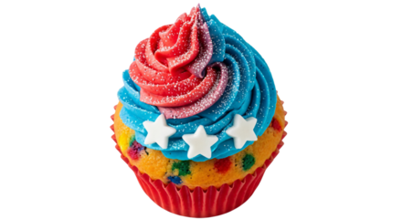 Patriotic cupcake with vibrant red and blue frosting, glitter, and white stars, perfect for Fourth of July, Memorial Day, Labor Day, or American-themed celebrations.