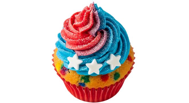 Patriotic cupcake with vibrant red and blue frosting, glitter, and white stars, perfect for Fourth of July, Memorial Day, Labor Day, or American-themed celebrations.