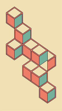 Abstract isometric cubes arrangement with retro color palette design in graphic composition