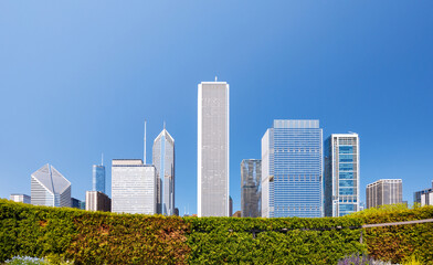 Sunny view of downtown Chicago with iconic skyscrapers rising above a lush green park