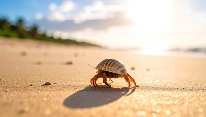 Obraz premium Seashell hermit crab on beach at sunrise