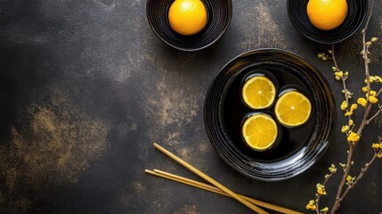 Citrus slices in dark ceramic dishes on a textured surface.