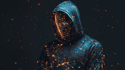 Hacker are planning to hack and attack networks and cyber security systems and stands on the peak of success amid tall, innovative Smart city and graphs with statistics to analyze business potential