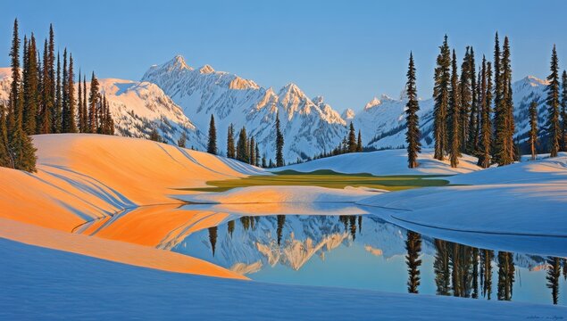 Snowy mountain peaks, serene valley, golden sunrise