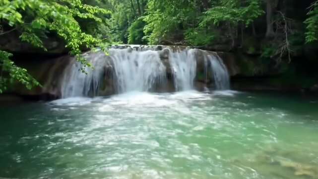 Picturesque Waterfall Cascading into a Clear Turquoise Pool. A Serene Forest Scene with Dappled Sunlight. The Natural, Untouched Aesthetic of a Secluded Waterfall. A Composition with Rich Greenery.