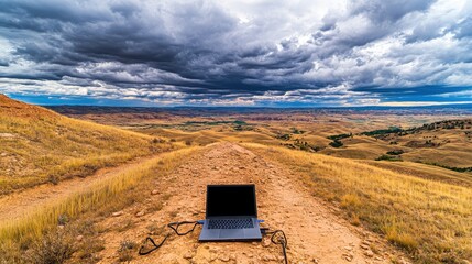 Laptop sits on a dirt path amidst a landscape of rolling hills.