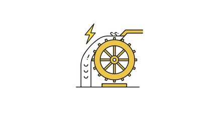 A detailed illustration of a water wheel generating electricity.