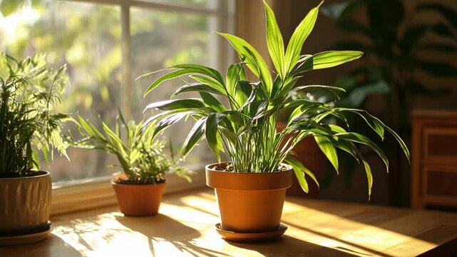 Houseplants in terracotta pots on a windowsill