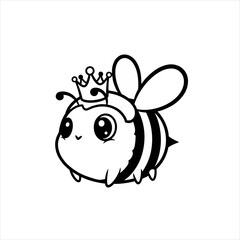 Fat Queen Bee Logo Cute Cartoonish Look, Black and White Vector Art